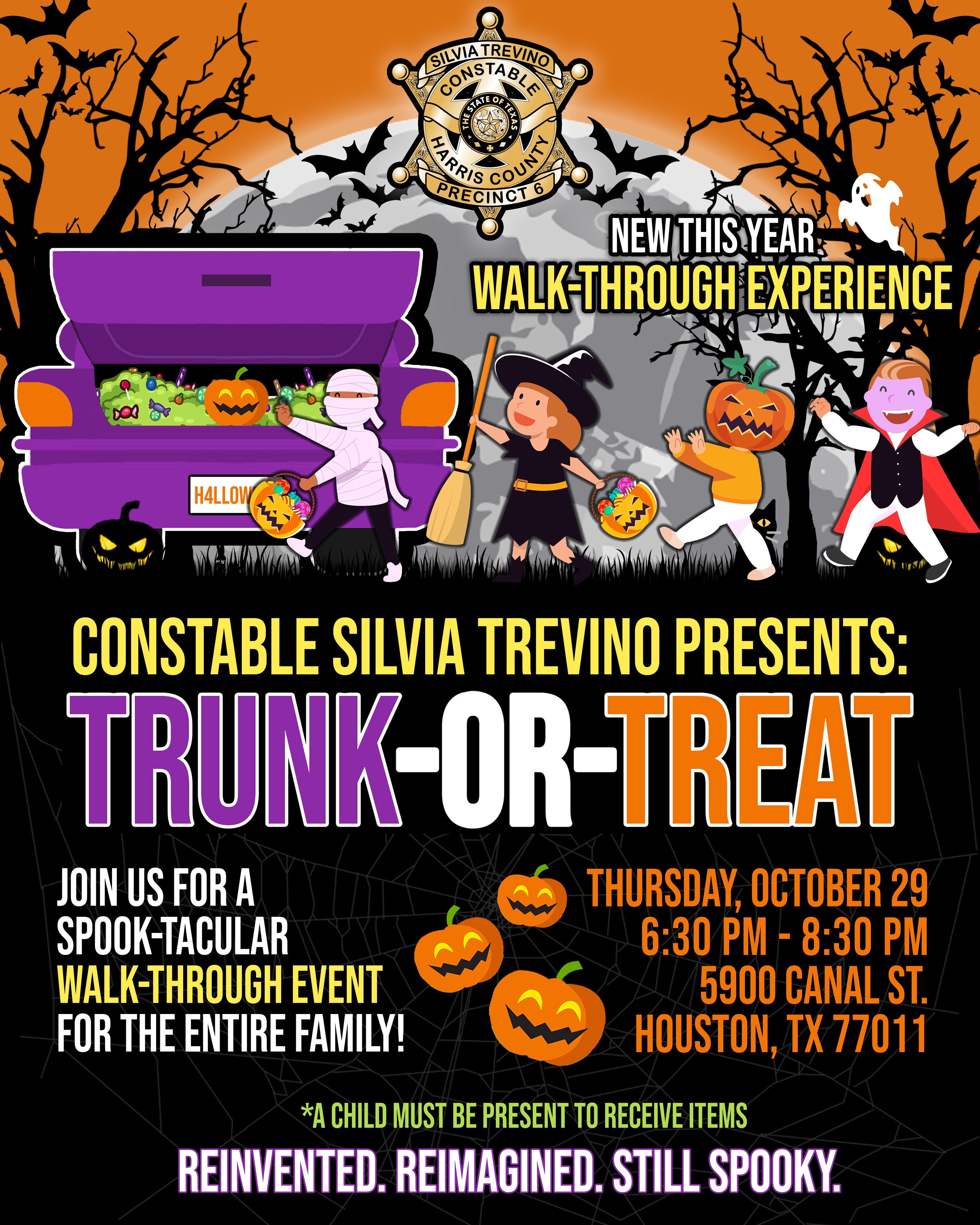 Trunk or treat flyer with info: October 29, 2026 from 6:30pm to 8:30 pm at 5900 Canal St.